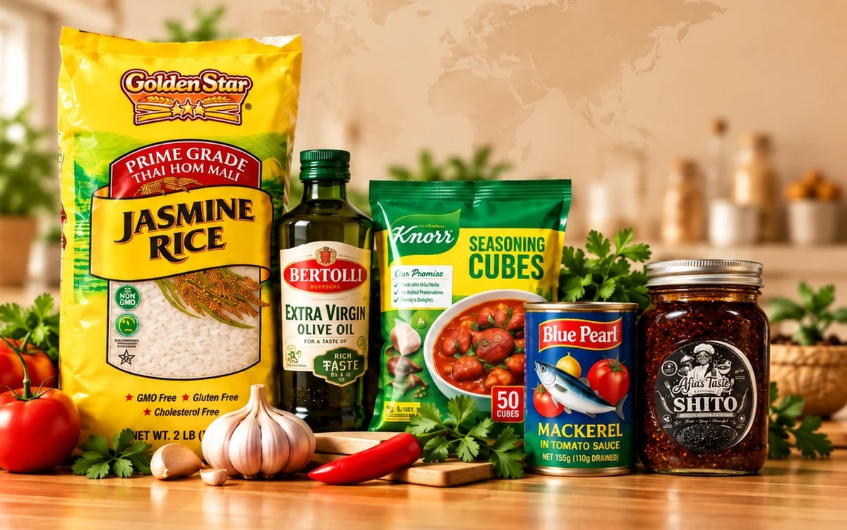 Golden Star rice, Bertolli olive oil, Knorr cubes, Blue Pearl mackerel and Afia's Taste shito on a kitchen counter